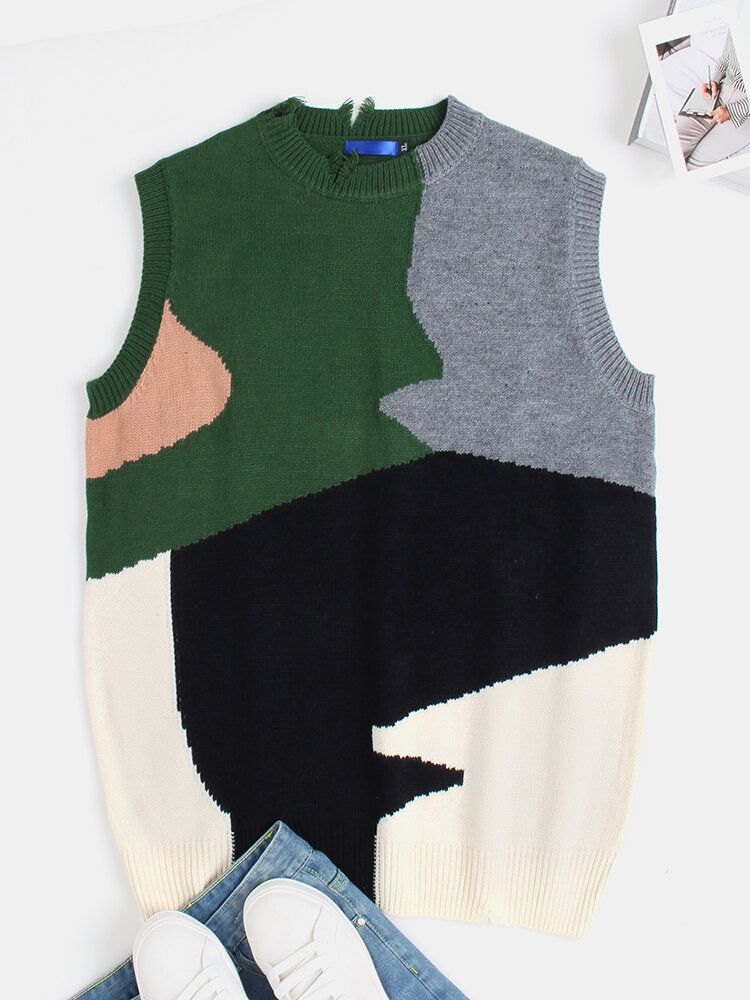 Mens Irregular Color Block Ripped Crew Neck Knitted Casual Sleevless Vests