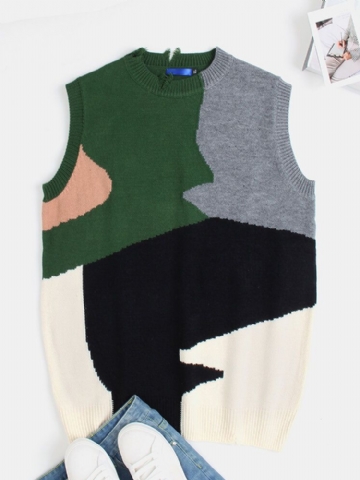 Mens Irregular Color Block Ripped Crew Neck Knitted Casual Sleevless Vests