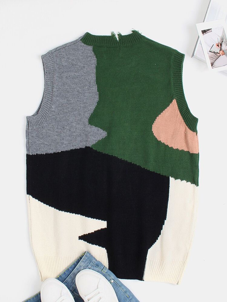 Mens Irregular Color Block Ripped Crew Neck Knitted Casual Sleevless Vests