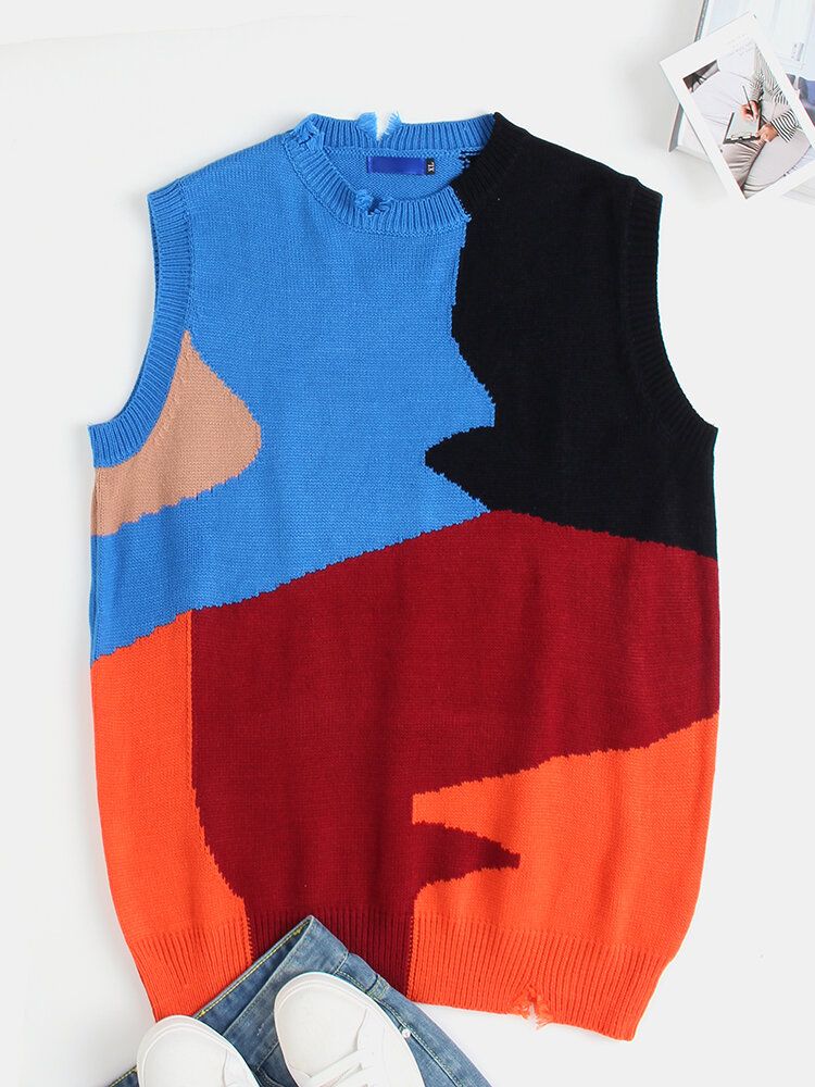 Mens Irregular Color Block Ripped Crew Neck Knitted Casual Sleevless Vests