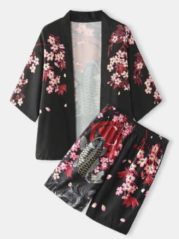 Mens Kimono Carp Flower Print Japanese Fish Taille Élastique Deux Pièces Outfits