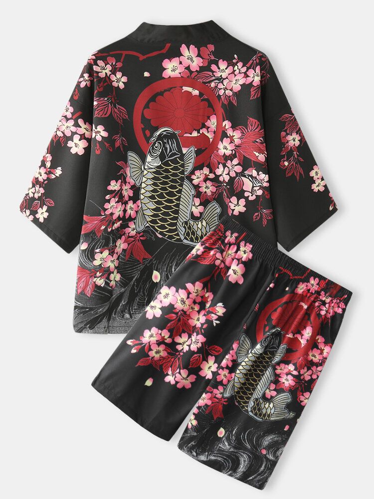 Mens Kimono Carp Flower Print Japanese Fish Taille Élastique Deux Pièces Outfits