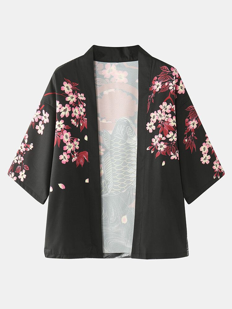 Mens Kimono Carp Flower Print Japanese Fish Taille Élastique Deux Pièces Outfits