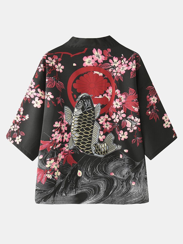 Mens Kimono Carp Flower Print Japanese Fish Taille Élastique Deux Pièces Outfits