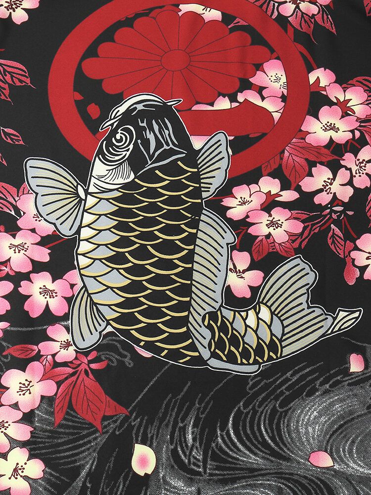 Mens Kimono Carp Flower Print Japanese Fish Taille Élastique Deux Pièces Outfits