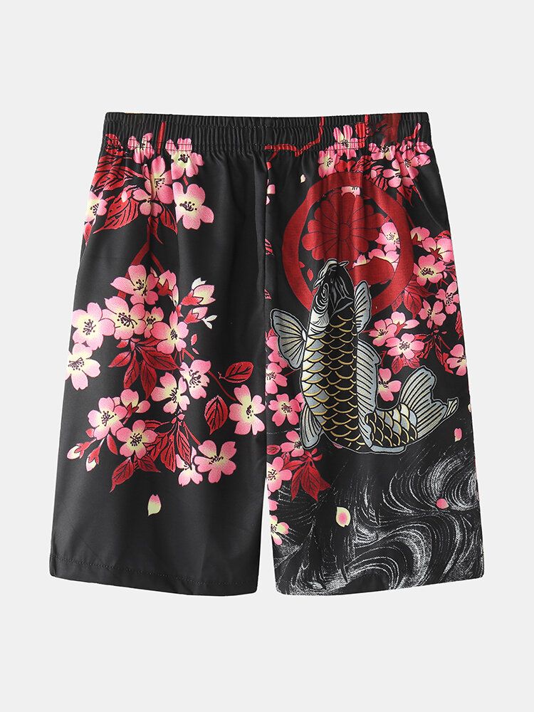 Mens Kimono Carp Flower Print Japanese Fish Taille Élastique Deux Pièces Outfits