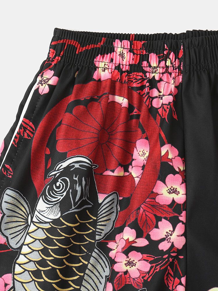 Mens Kimono Carp Flower Print Japanese Fish Taille Élastique Deux Pièces Outfits