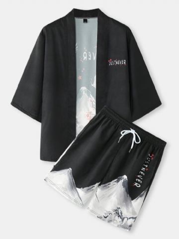 Mens Kimono Crane Mountain Landscape Print Pocket Deux Pièces Tenues