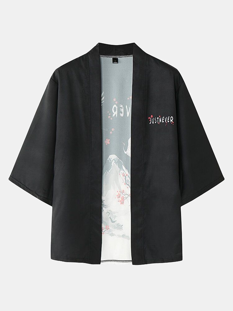 Mens Kimono Crane Mountain Landscape Print Pocket Deux Pièces Tenues