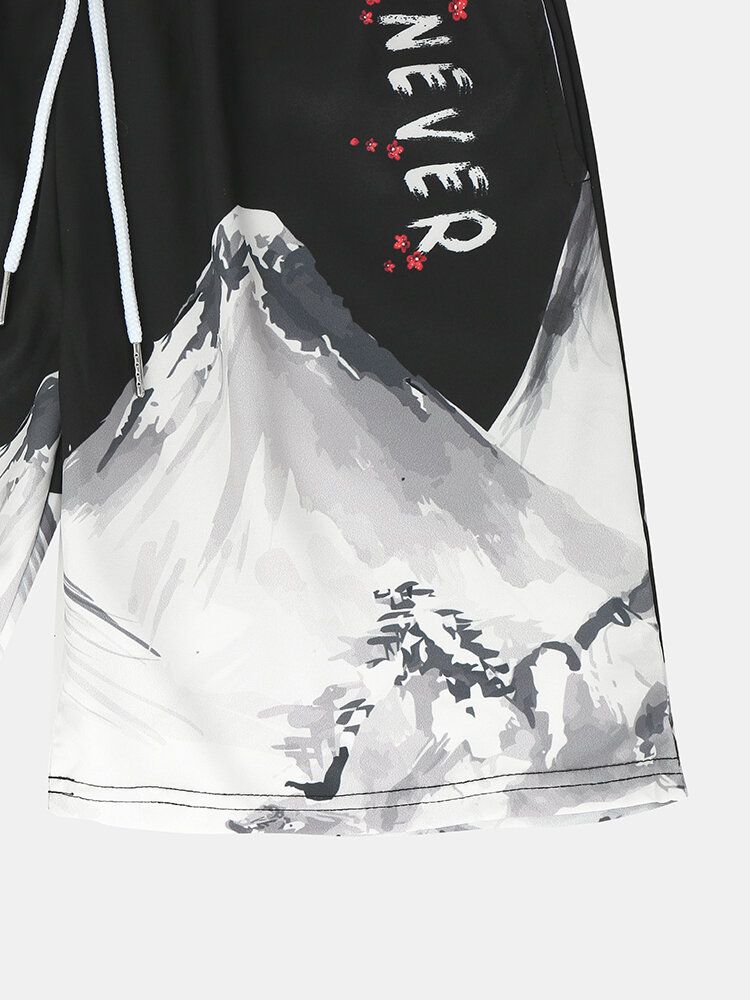 Mens Kimono Crane Mountain Landscape Print Pocket Deux Pièces Tenues