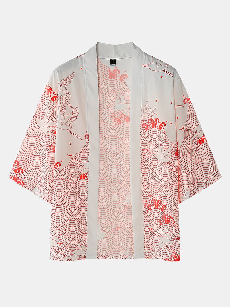 Mens Kimono Crane Propitious Clouds Pattern Drawstring Two Pieces Outfits