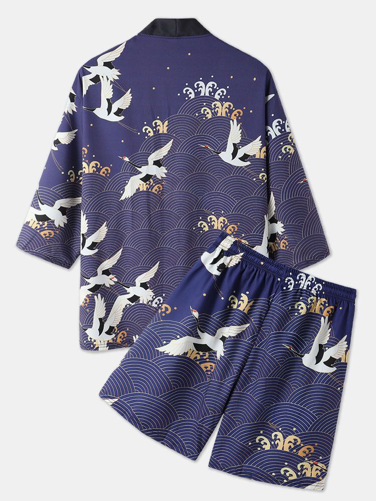 Mens Kimono Ethnic Style Crane Print Open Front Casual Deux Pièces Tenues