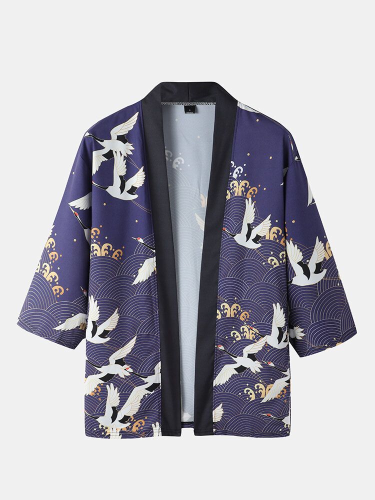 Mens Kimono Ethnic Style Crane Print Open Front Casual Deux Pièces Tenues