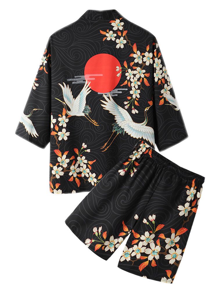 Mens Kimono Floral Crane Print Open Front Two Pieces Outfits