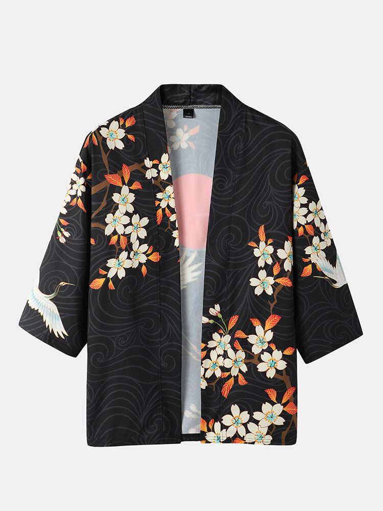 Mens Kimono Floral Crane Print Open Front Two Pieces Outfits