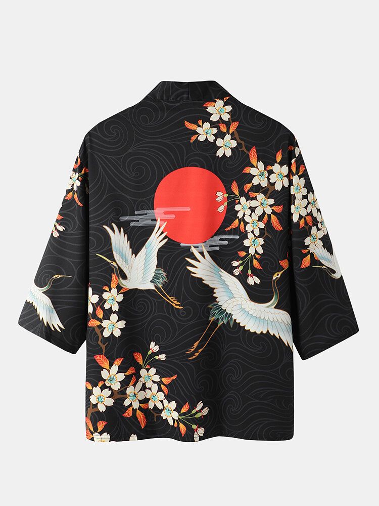 Mens Kimono Floral Crane Print Open Front Two Pieces Outfits