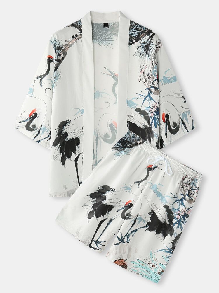 Mens Kimono Ink Painting Crane Print Pocket Open Front Two Piece Outfits