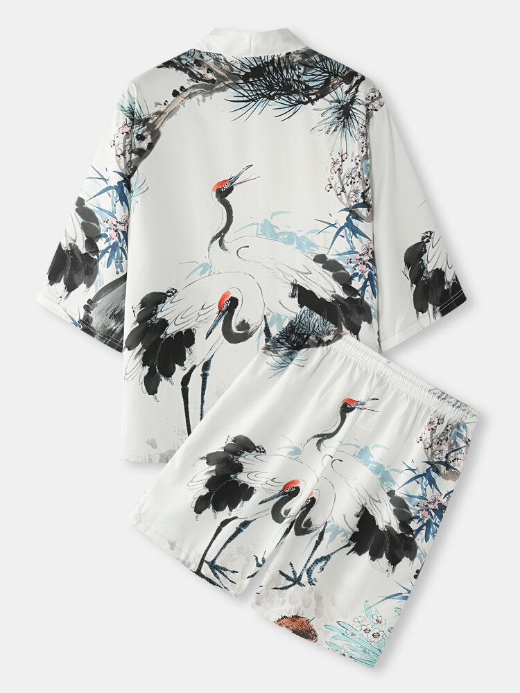 Mens Kimono Ink Painting Crane Print Pocket Open Front Two Piece Outfits