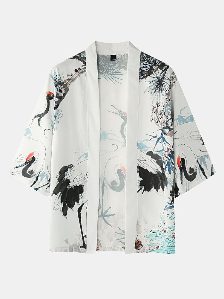 Mens Kimono Ink Painting Crane Print Pocket Open Front Two Piece Outfits