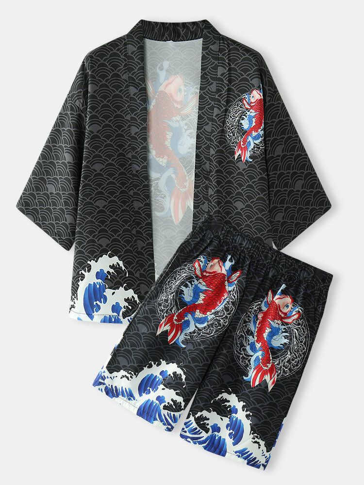 Mens Kimono Japanese Koi Wave Print Open Front Two Pieces Outfits