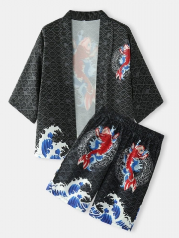 Mens Kimono Japanese Koi Wave Print Open Front Two Pieces Outfits