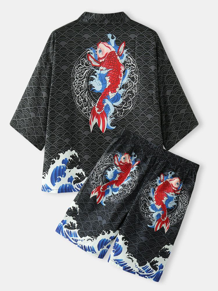 Mens Kimono Japanese Koi Wave Print Open Front Two Pieces Outfits