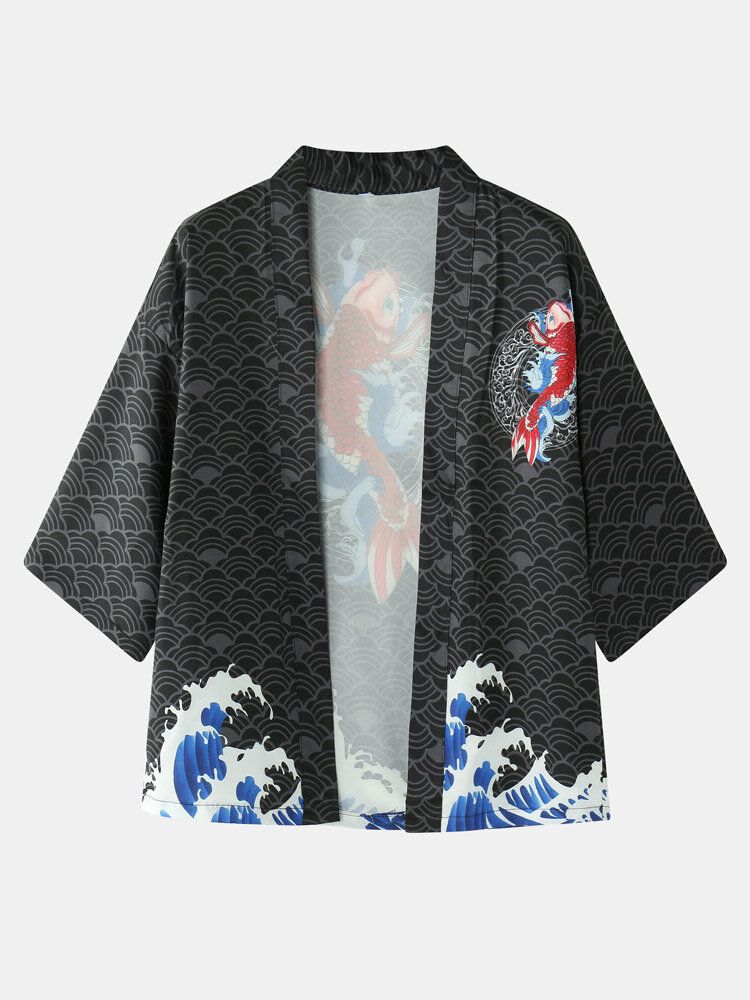 Mens Kimono Japanese Koi Wave Print Open Front Two Pieces Outfits