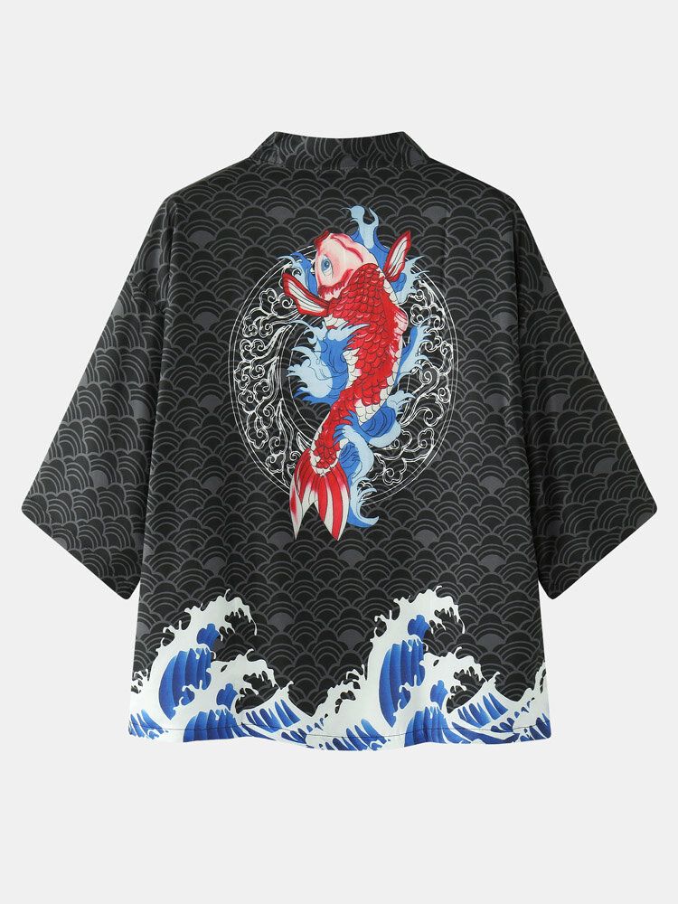 Mens Kimono Japanese Koi Wave Print Open Front Two Pieces Outfits