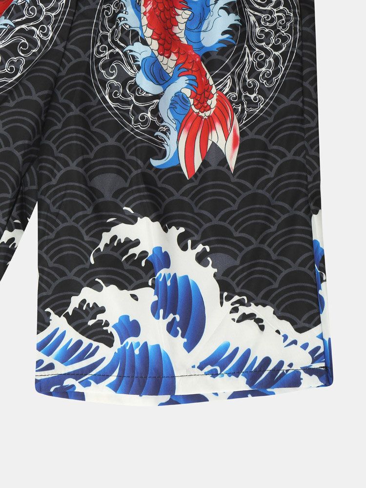 Mens Kimono Japanese Koi Wave Print Open Front Two Pieces Outfits