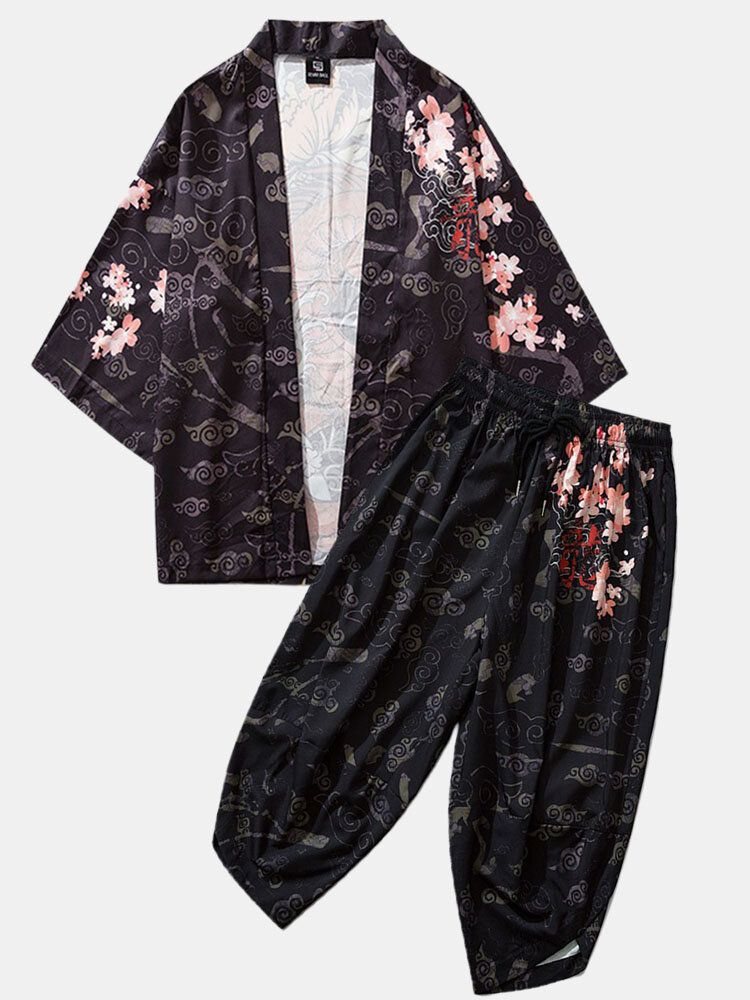 Mens Kimono Style Ethnique Loong Gragon Imprimer Taille Élastique Deux Pièces Tenues