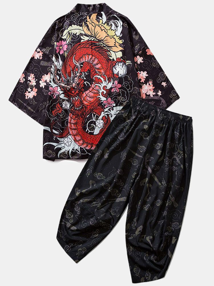 Mens Kimono Style Ethnique Loong Gragon Imprimer Taille Élastique Deux Pièces Tenues