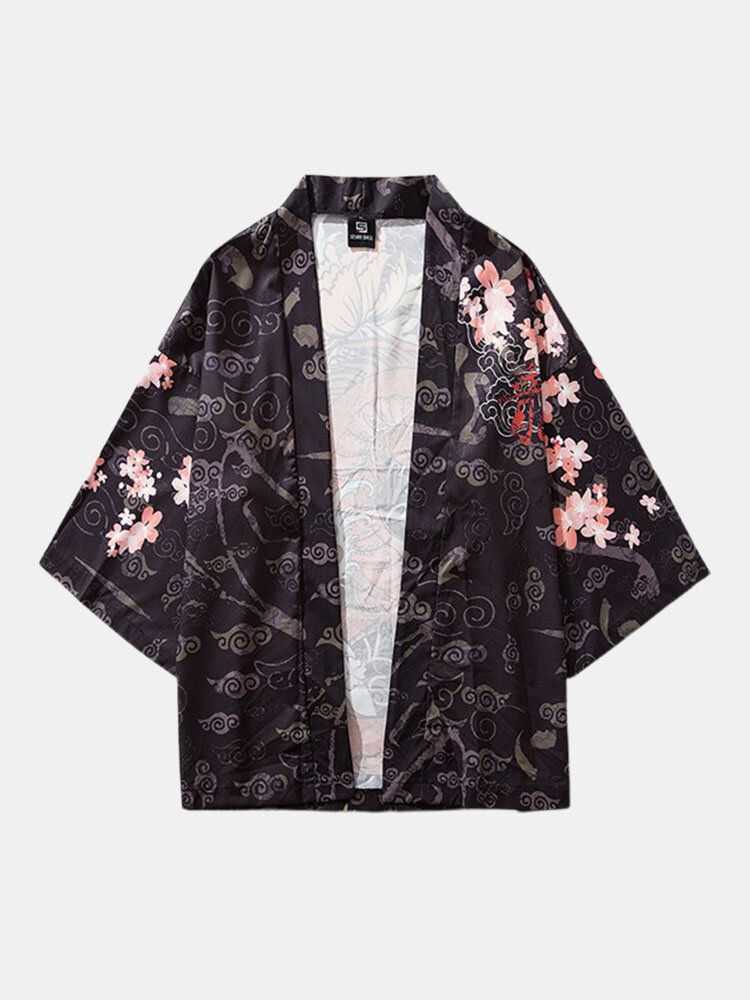 Mens Kimono Style Ethnique Loong Gragon Imprimer Taille Élastique Deux Pièces Tenues