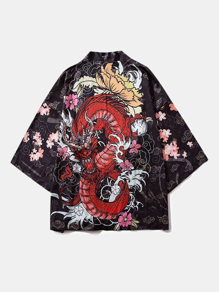 Mens Kimono Style Ethnique Loong Gragon Imprimer Taille Élastique Deux Pièces Tenues