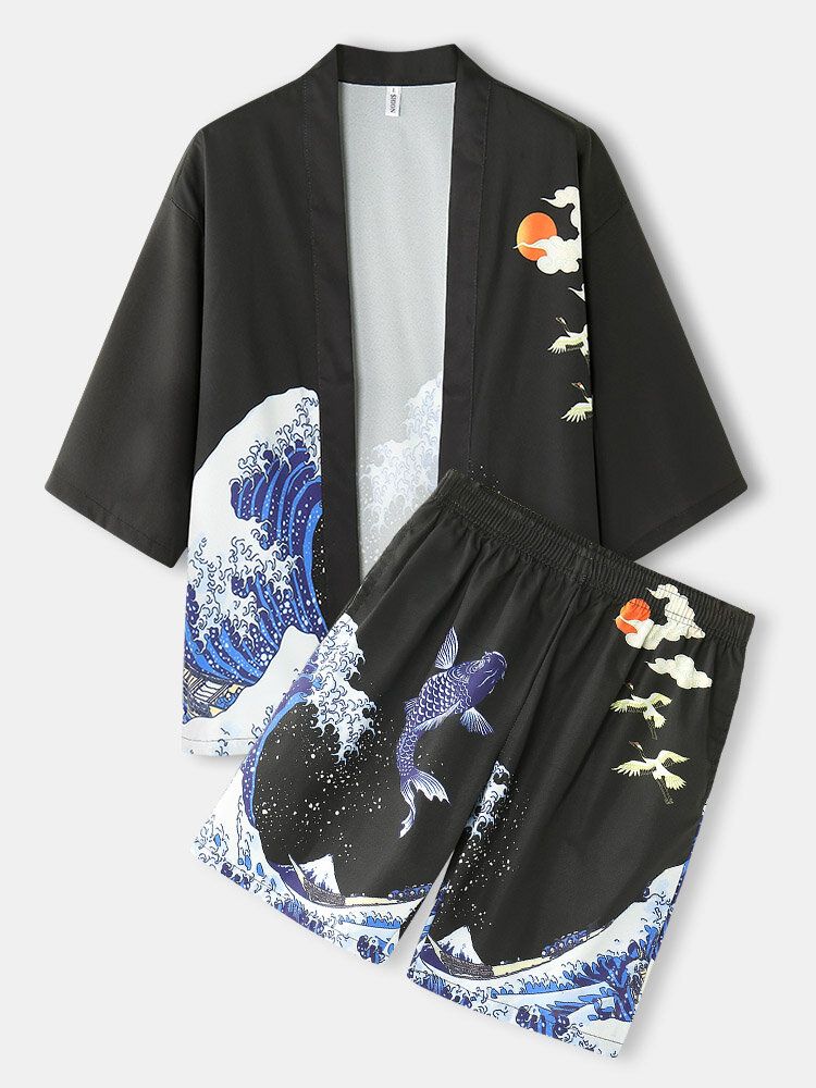 Mens Kimono Waves Cap Pattern Japanese Elastic Waist Two Piece Outfits