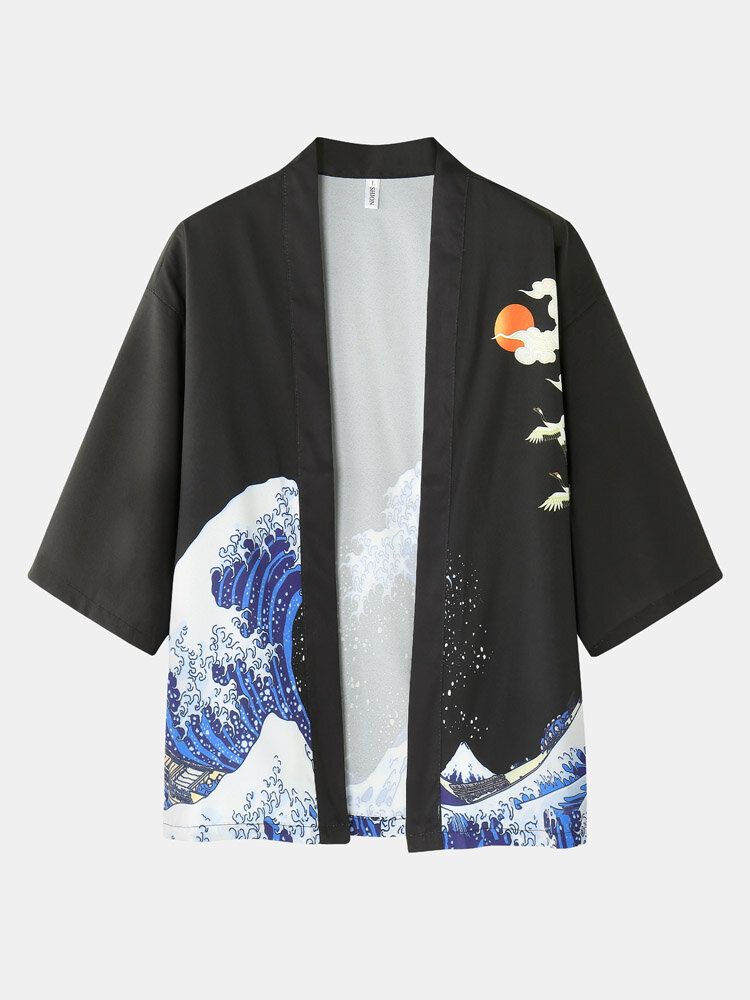 Mens Kimono Waves Cap Pattern Japanese Elastic Waist Two Piece Outfits