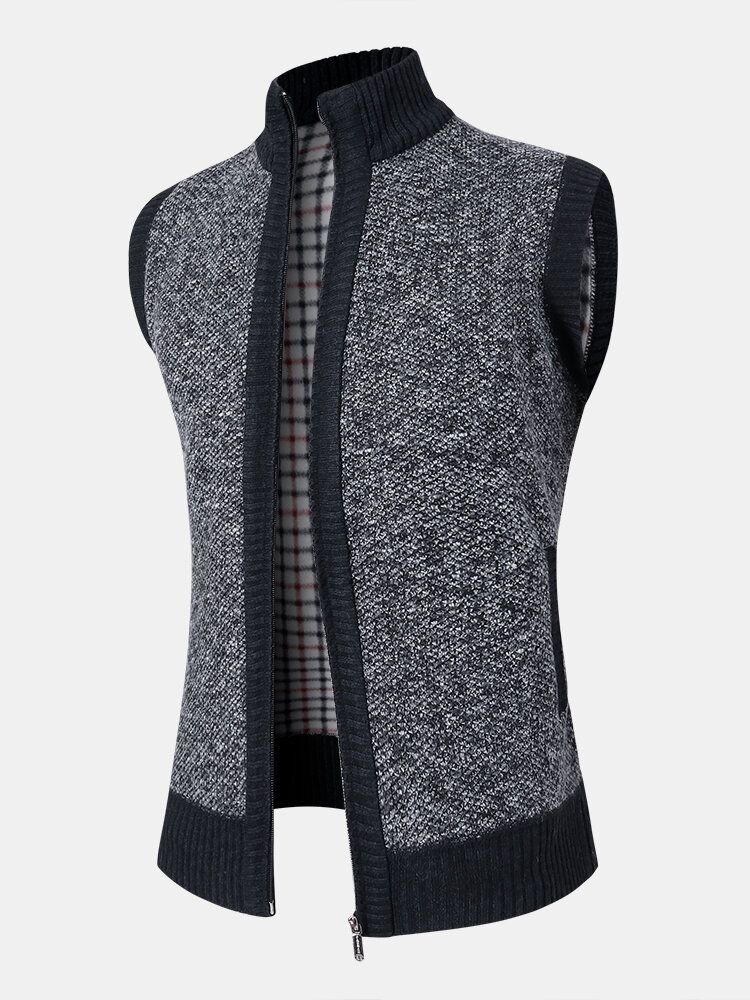 Mens Knit Zip Front Slant Pocket Gilets Épais Et Chauds Sans Manches