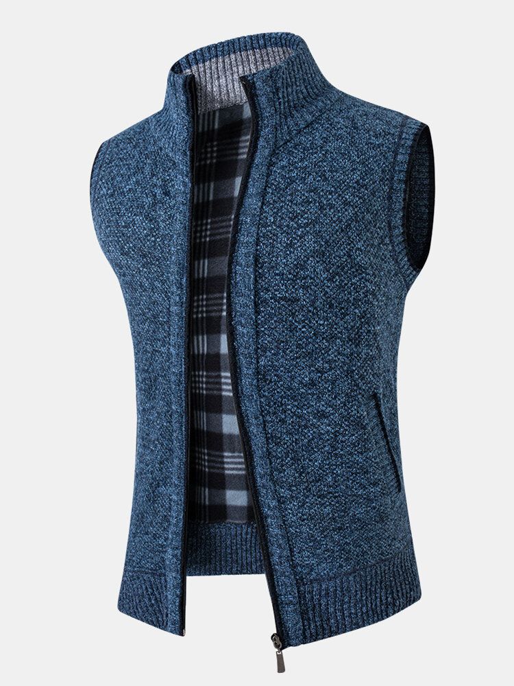 Mens Knitting Solid Color Warm Lined Zipper Side Pocket Gilets Sans Manches