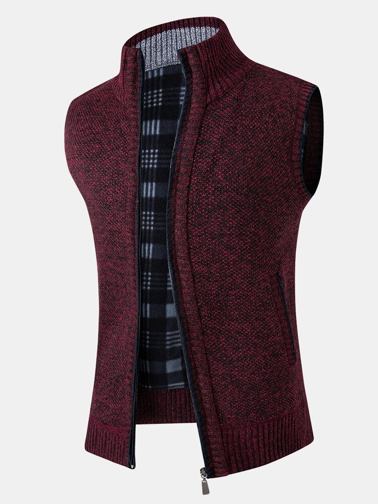 Mens Knitting Solid Color Warm Lined Zipper Side Pocket Gilets Sans Manches