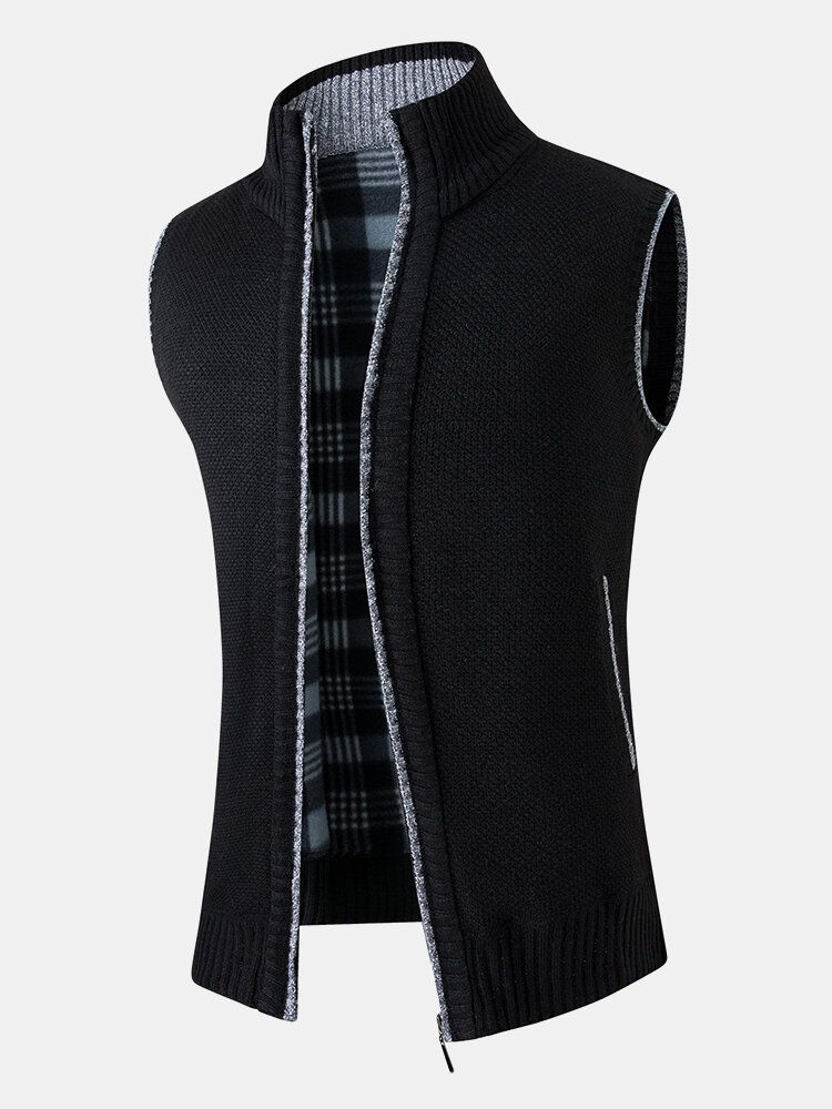 Mens Knitting Solid Color Warm Lined Zipper Side Pocket Gilets Sans Manches