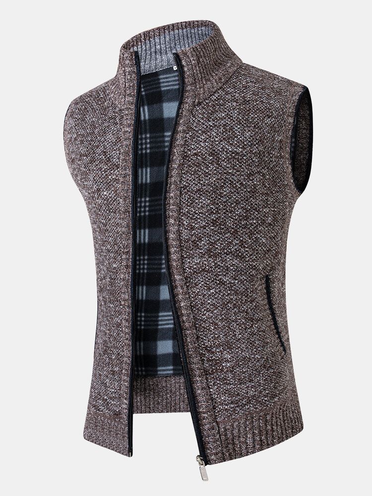 Mens Knitting Solid Color Warm Lined Zipper Side Pocket Gilets Sans Manches