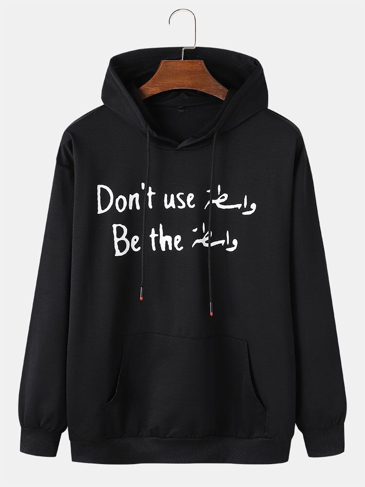 Mens Letter Slogan Print 100% Cotton Drawstring Overhead Hoodies