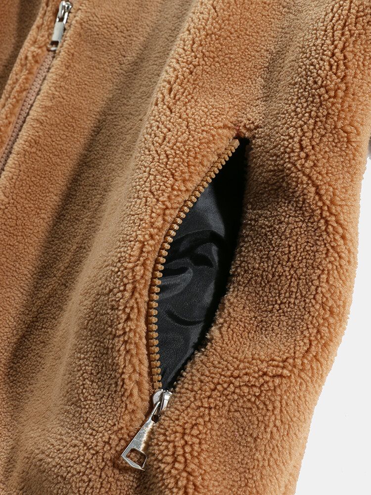 Mens Lettre Applique Polaire Chaud En Peluche Veste Épaisse Avec Poche