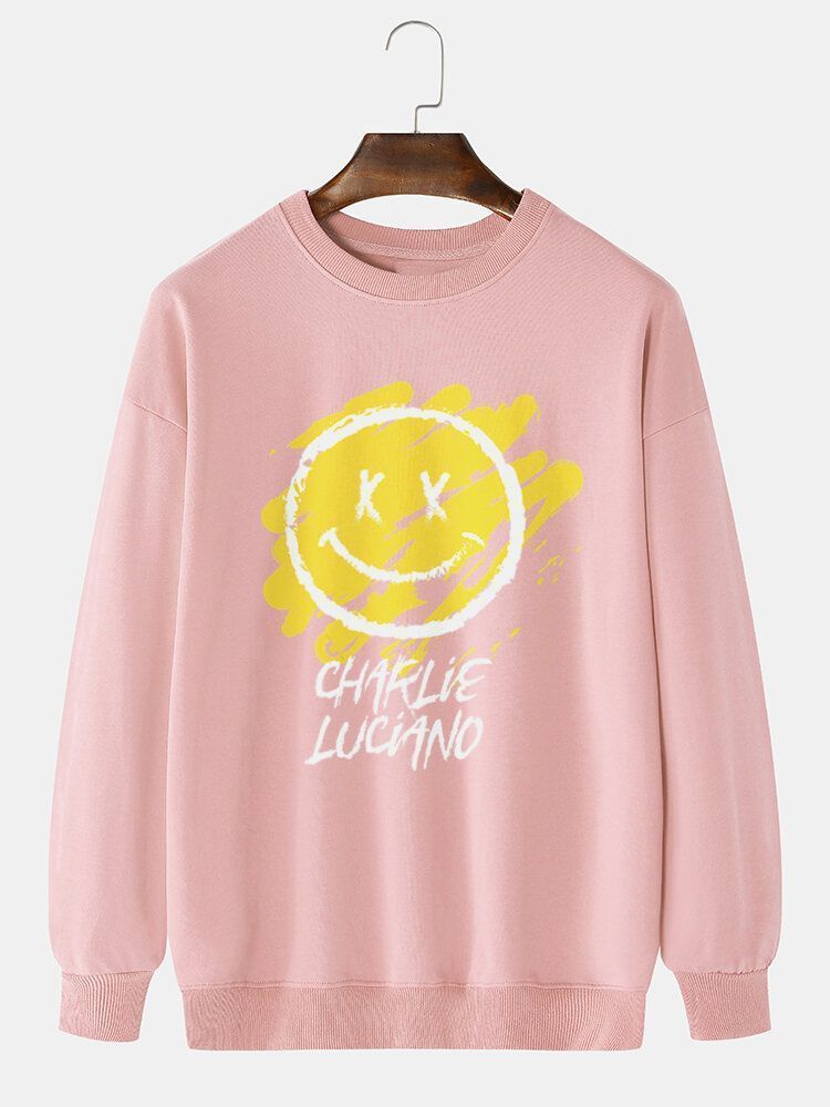 Mens Lettre Graffiti Smile Imprimer Pull Coton Manches Longues Sweats