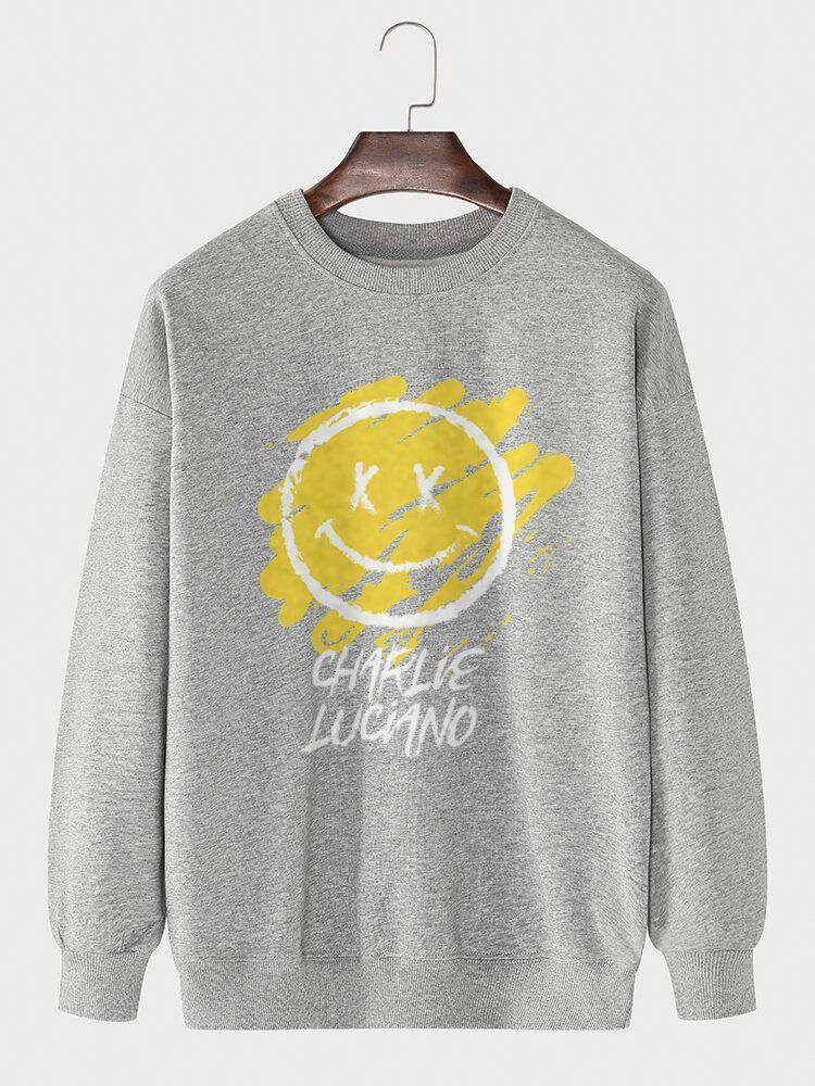 Mens Lettre Graffiti Smile Imprimer Pull Coton Manches Longues Sweats