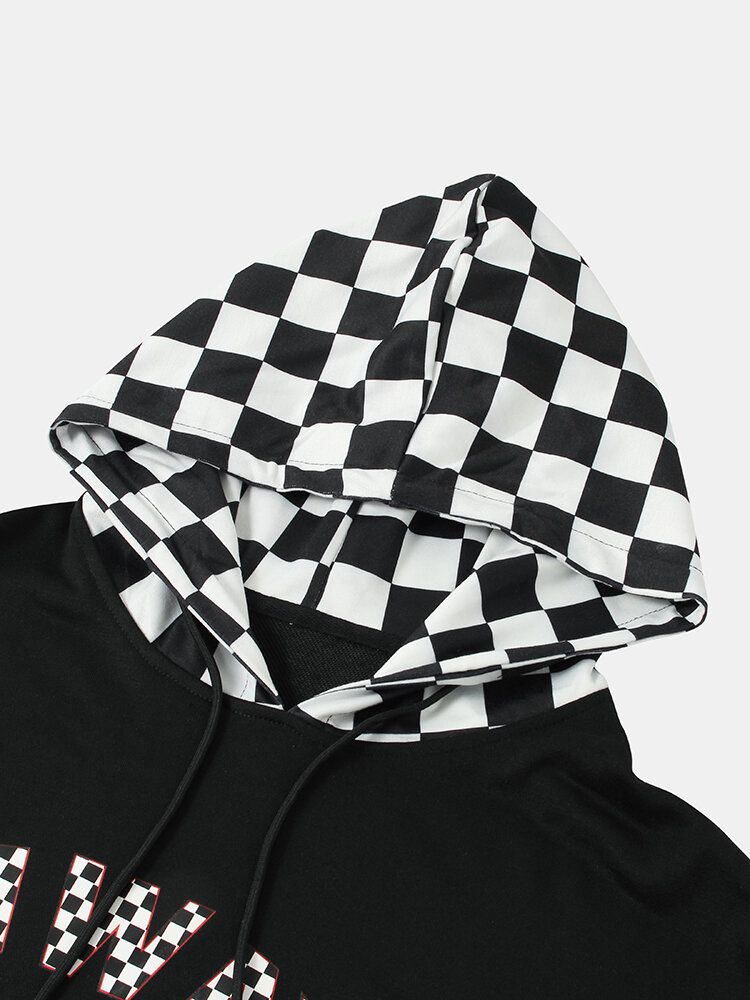 Mens Lettre Patchwork Check Faux Twinset Manches Longues Noir Hoodies