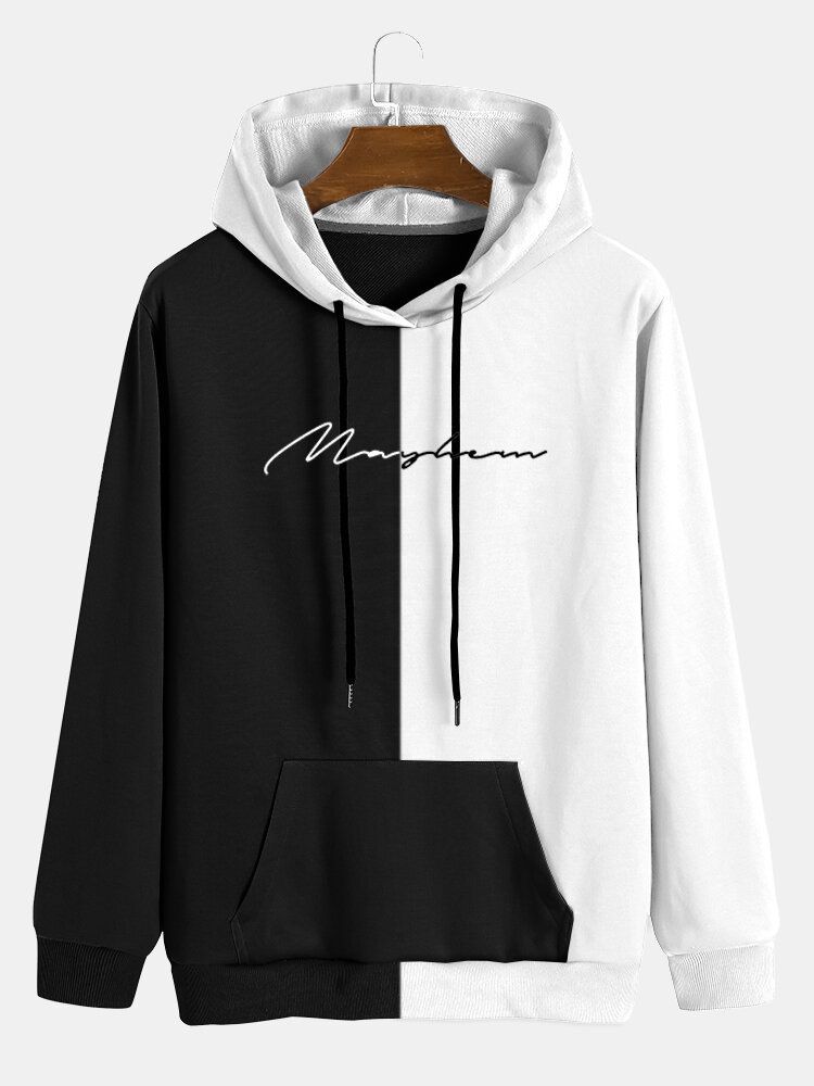 Mens Lettre Splicing Noir Et Blanc Preppy Cordon Hoodies