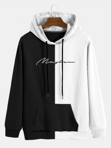 Mens Lettre Splicing Noir Et Blanc Preppy Cordon Hoodies