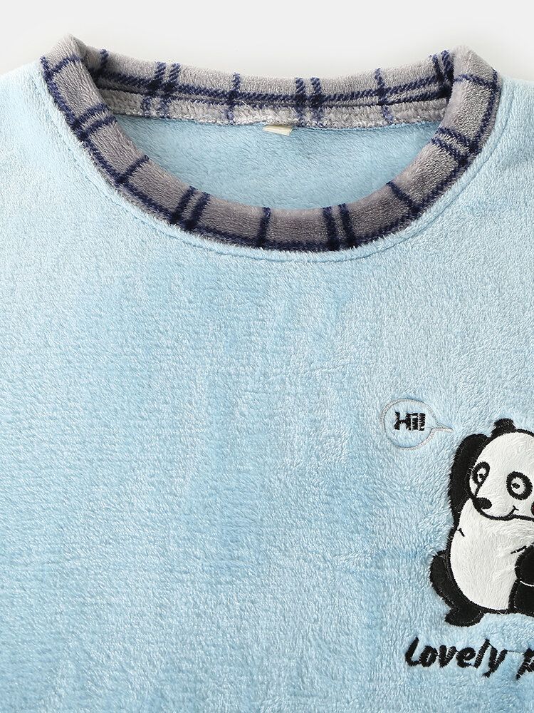 Mens Mignon Panda Lettre Broderie Grille Couture O-cou Flanelle Chaud Ensembles De Pyjamas