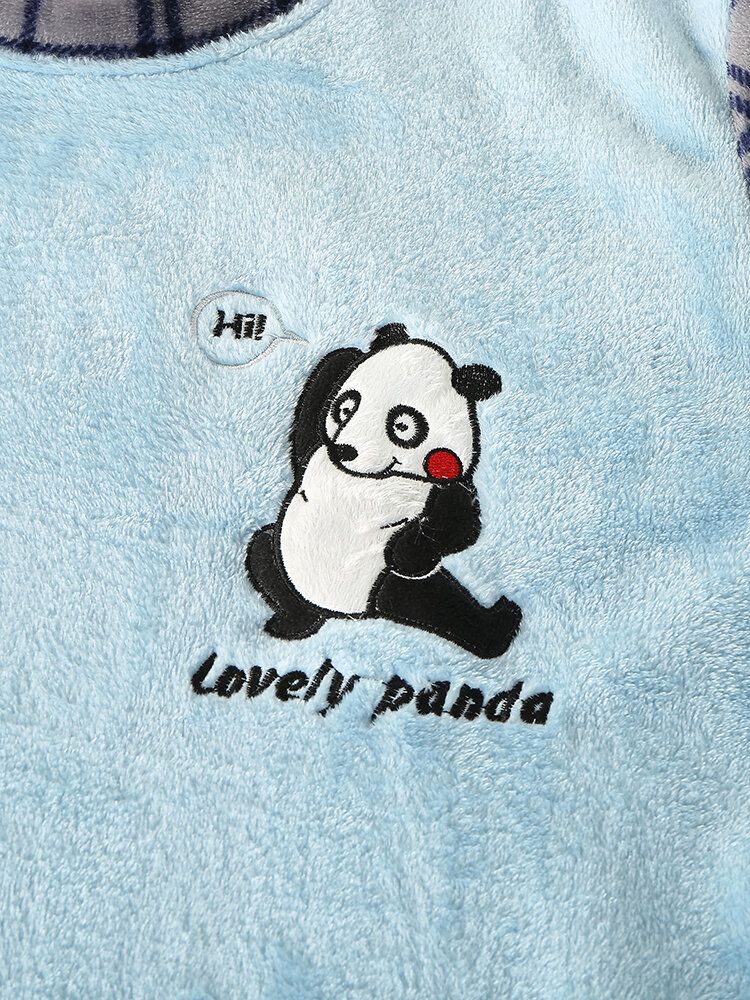 Mens Mignon Panda Lettre Broderie Grille Couture O-cou Flanelle Chaud Ensembles De Pyjamas