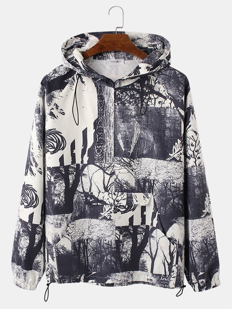 Mens Mixed Pattern Print Vintage Pullover Hoodie Portable Windbreaker Jacket